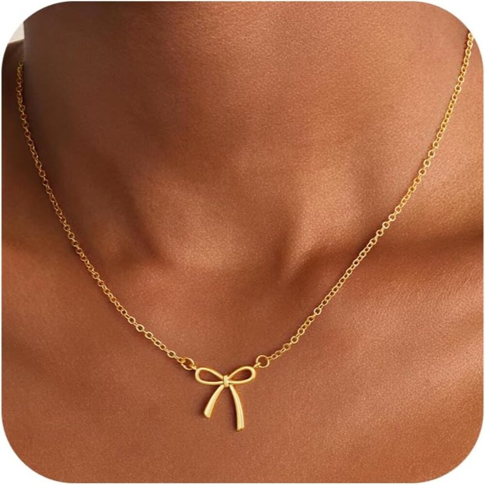 Gold Bow Necklace for Women - 18K Gold Plated Dainty Gold Necklace Cute Small Ti